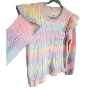 LOFT Women's Pastel Rainbow‎ Ruffle Shoulder Cable Knit Sweater Size L NWT